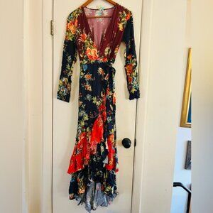 Far Rio Flamenco ruffle bloomcore high low hem wrap floral maxi dress xxs